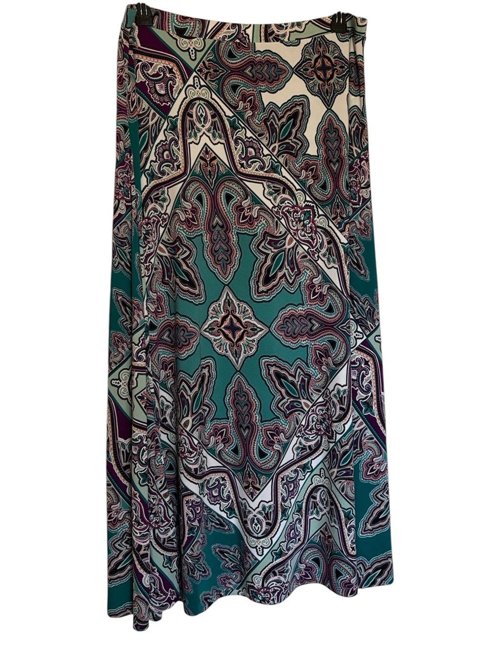 Chico's maxi skirt featuring a teal and purple paisley pattern, L